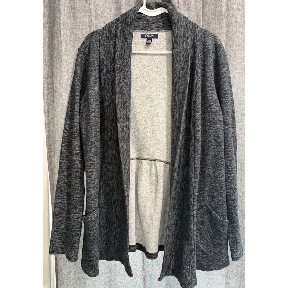 Chaps Womens Open Front Fleece lined Cardigan Size M Pockets Grey‎ Long Sleeve